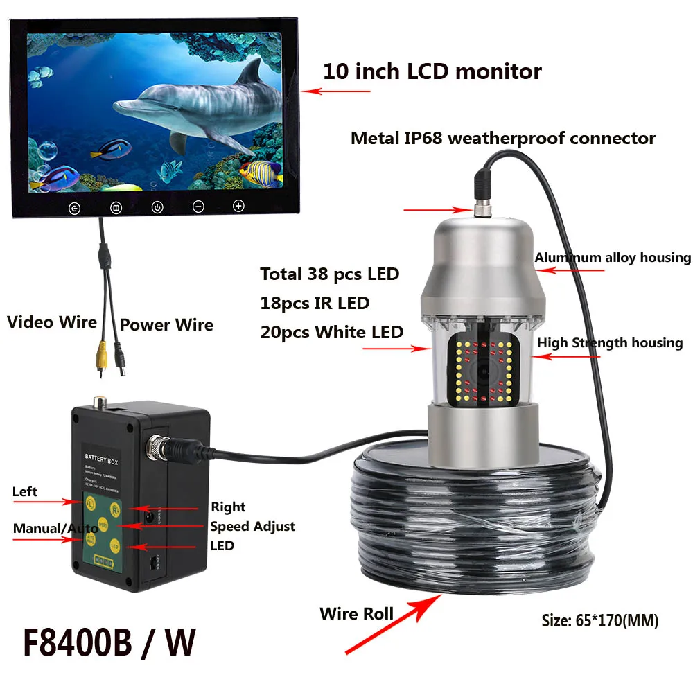 Cámara de vídeo de pesca subacuática IP68, 38 LED, giro de 100 grados 10 pulgadas. - Imagen 3
