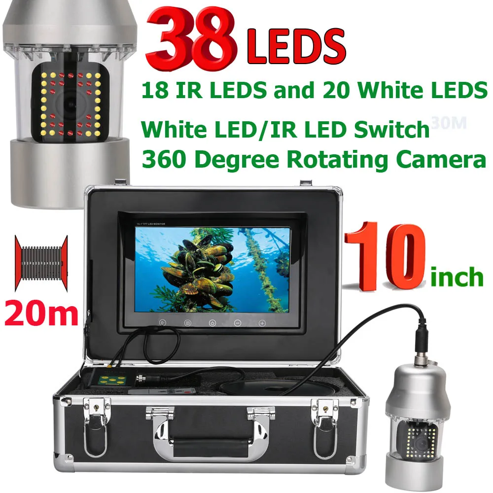 Cámara de vídeo de pesca subacuática IP68, 38 LED, giro de 100 grados 10 pulgadas.