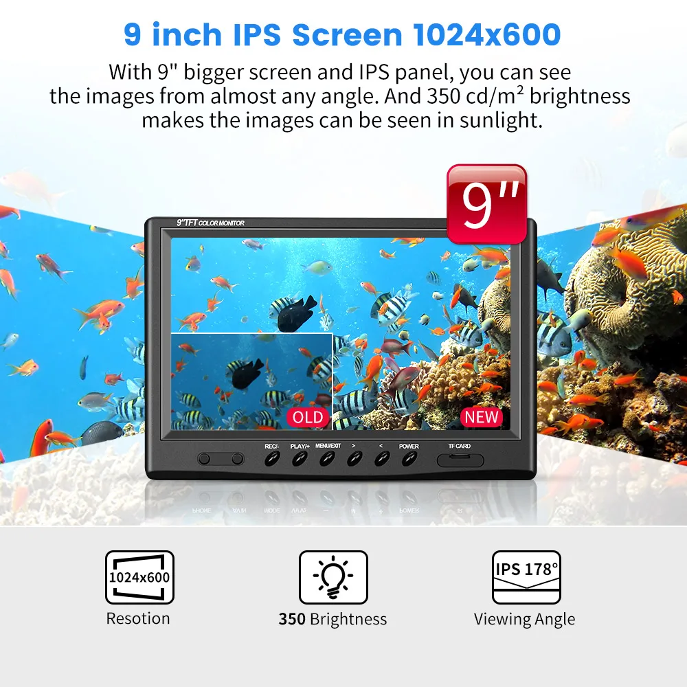 Eyoyo-cámara de vídeo para pesca subacuática, dispositivo con pantalla IPS de 9 ", 1024x600, función DVR, 1.0MP, AHD, 720P, 12 luces IR - Imagen 4
