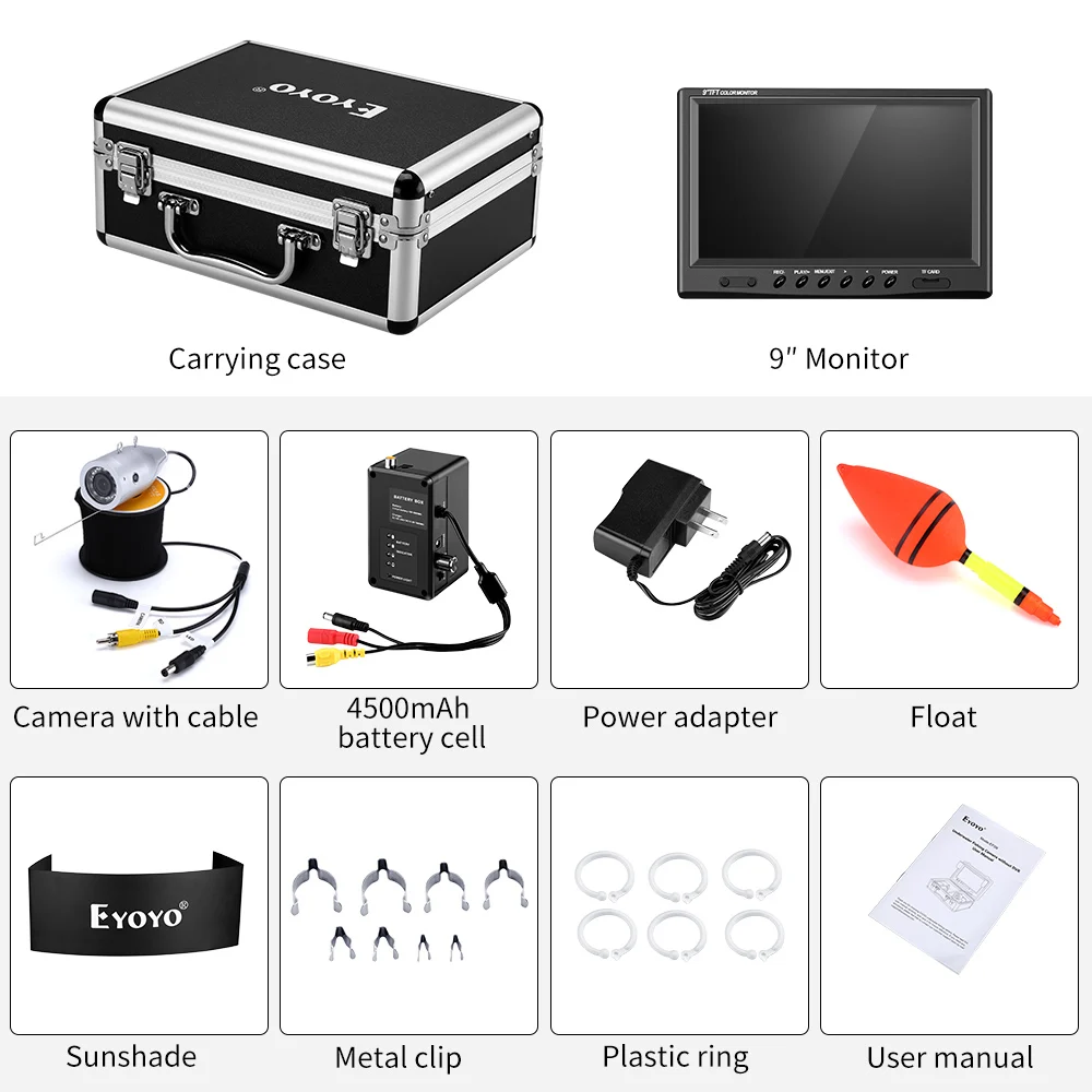 Eyoyo-cámara de vídeo para pesca subacuática, dispositivo con pantalla IPS de 9 ", 1024x600, función DVR, 1.0MP, AHD, 720P, 12 luces IR - Imagen 6