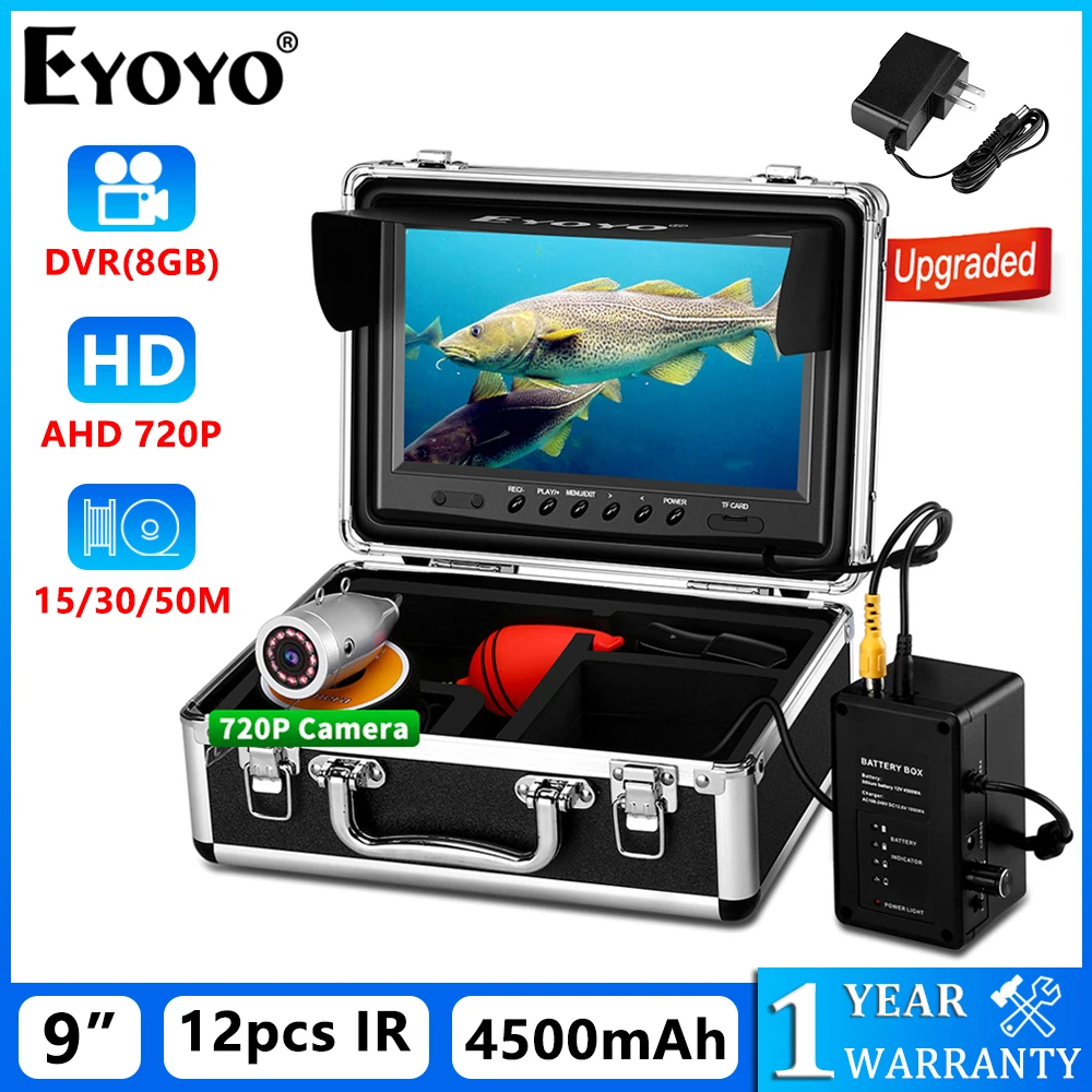 Eyoyo-cámara de vídeo para pesca subacuática, dispositivo con pantalla IPS de 9 ", 1024x600, función DVR, 1.0MP, AHD, 720P, 12 luces IR