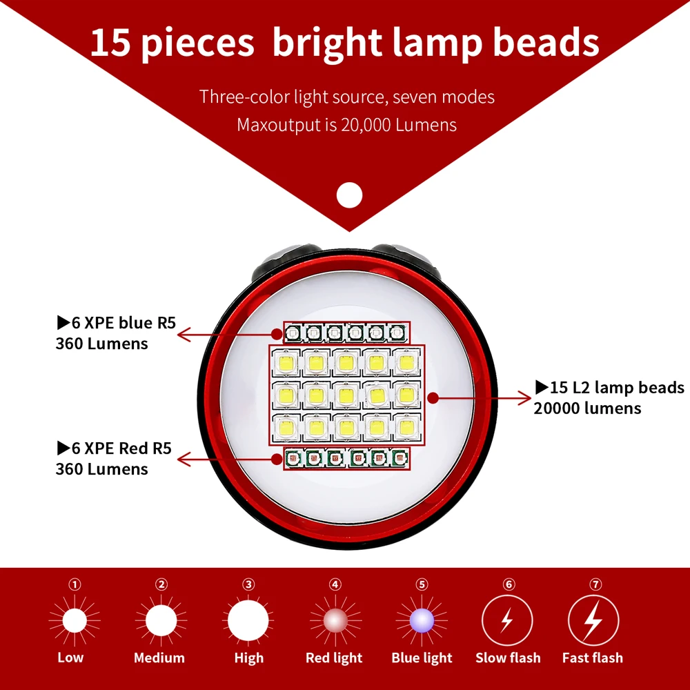 Luz LED subacuática profesional para fotografía, lámpara de resaltado de 22800 lúmenes, linterna de buceo de 100M, antorcha impermeable para cámara de vídeo - Imagen 3